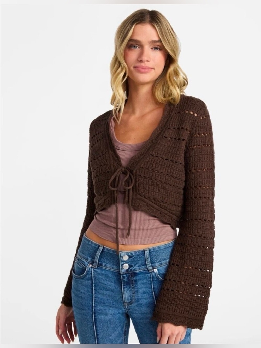 No Boundaries Cropped Relaxed Fit Chocolate Brown Open-Knit Tie-Front Sweater XS